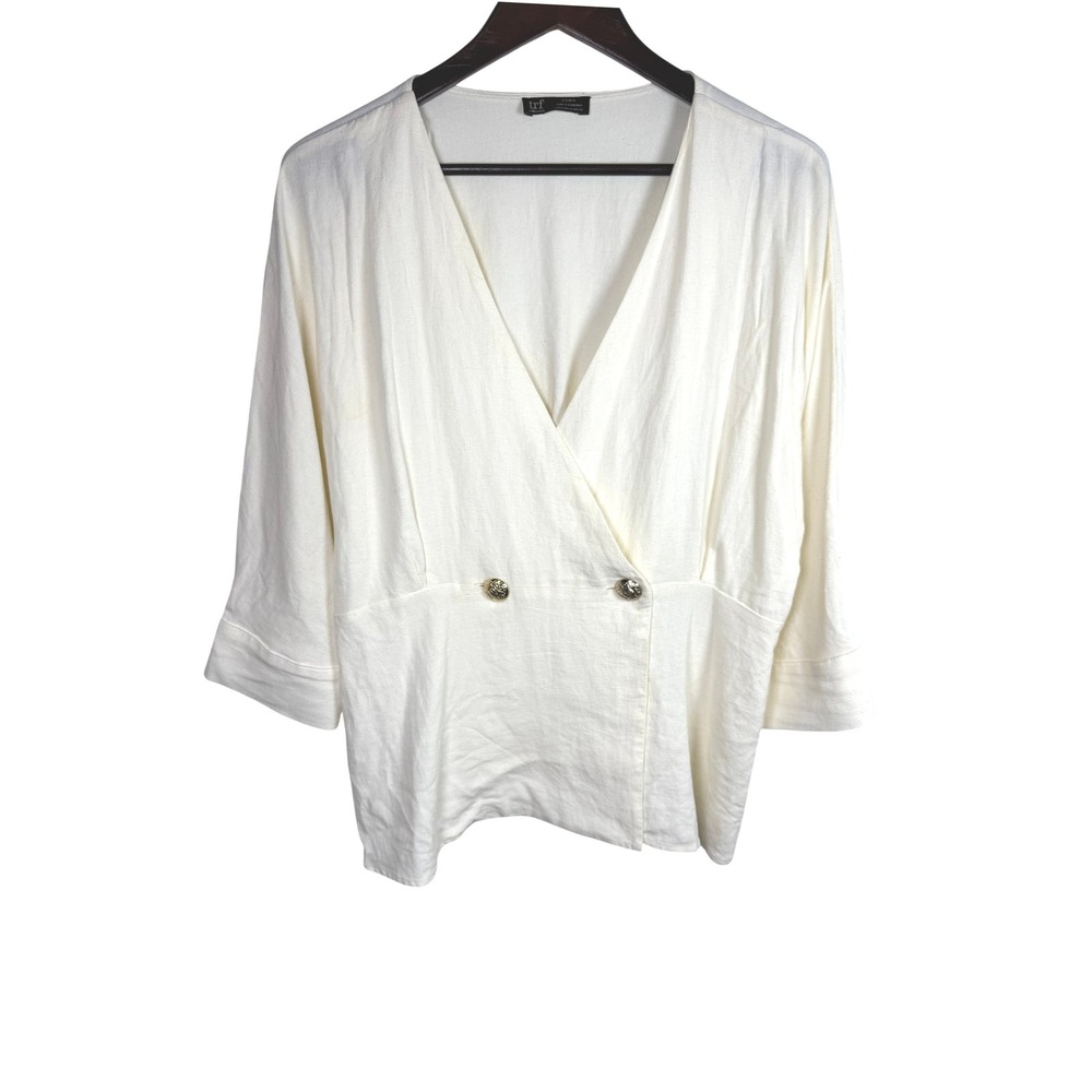 Zara TRF Cream White Wrap Blouse Gold Crest Button V-Neck Peplum Top XL